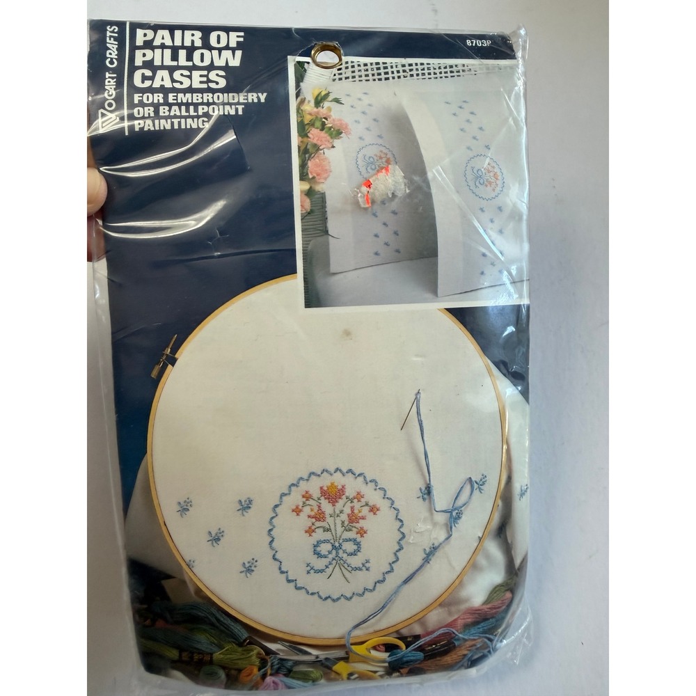 VTG Vogart Stamped Cross Stitch Pillow Cases White Floral No Floss Included